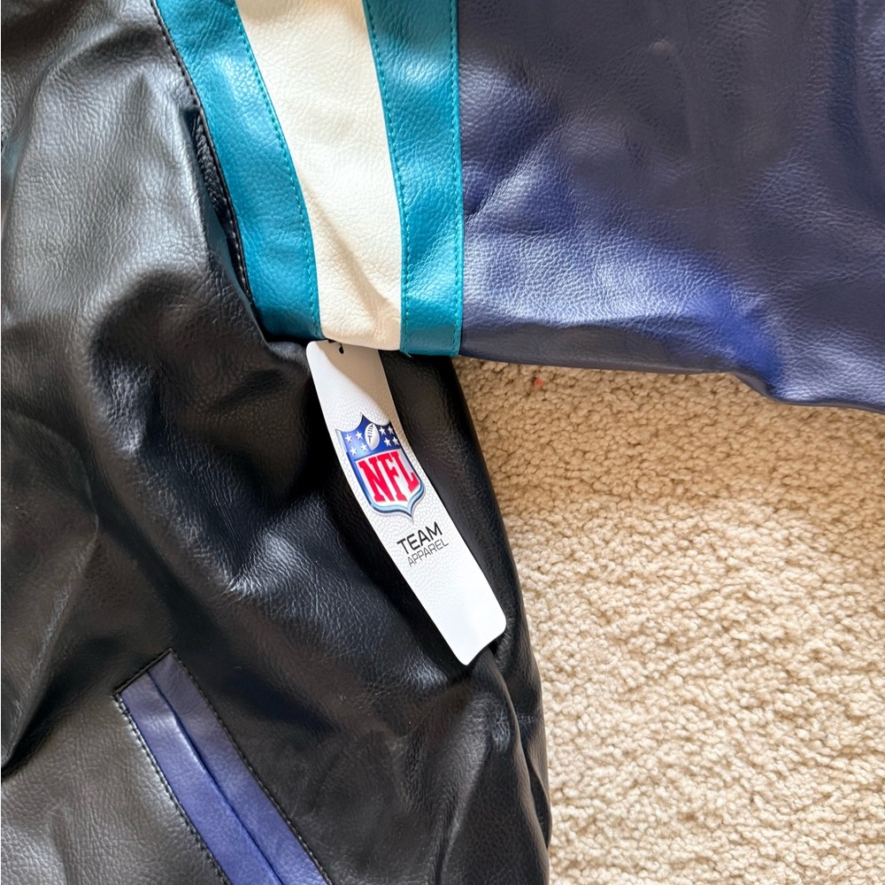 New with tags! NFL Team Apparel Miami Dolphins Faux Leather Bomber Jacket - Picture 8 of 9